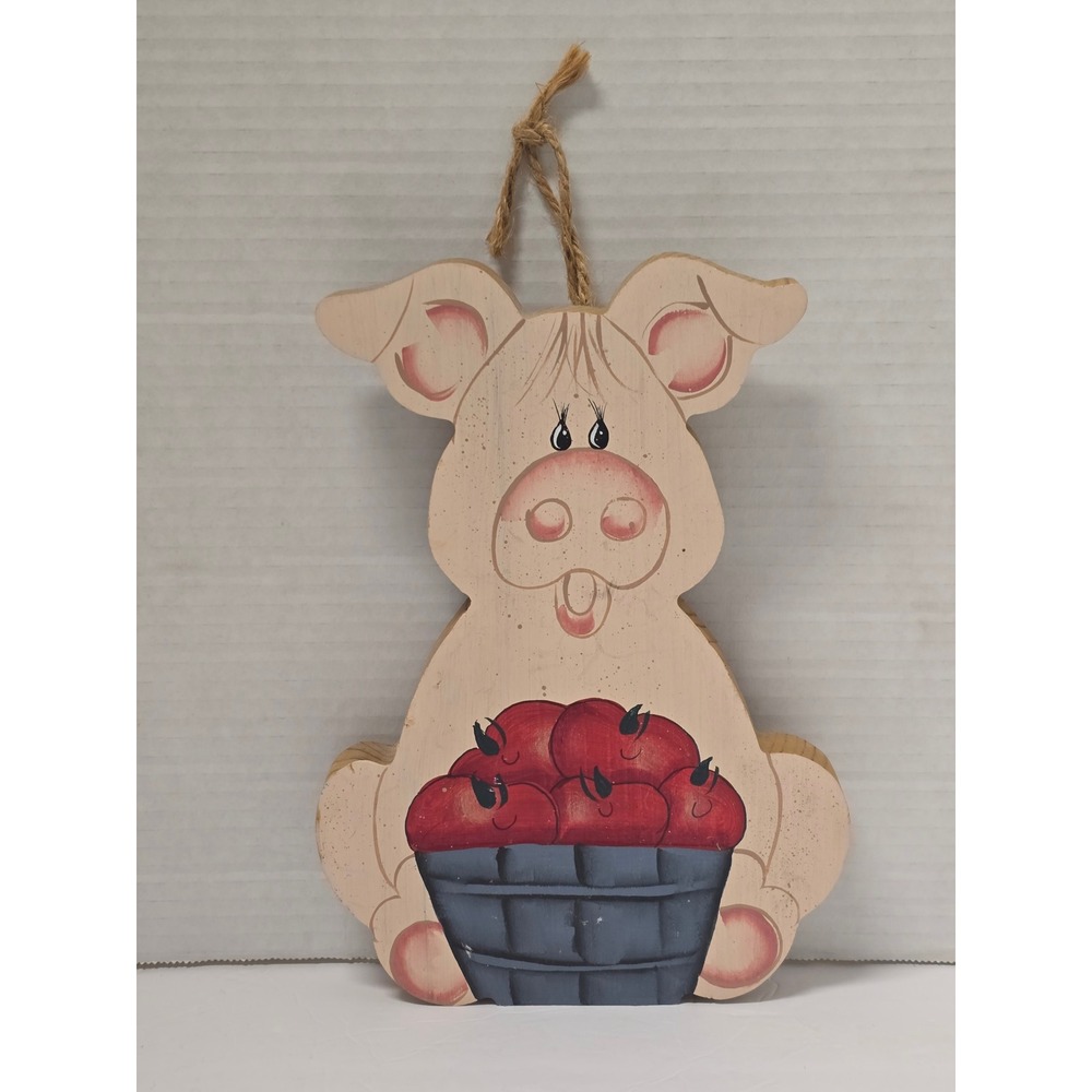 Vintage 90s Hand Painted Wooden Pig Apple Basket Wall Decor Farmhouse Folk Art